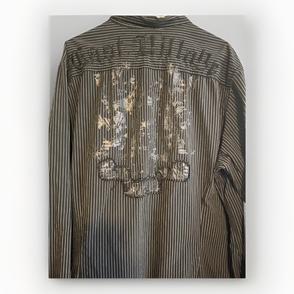 DKNY Jeans Shirt Mens Large Black Striped Long Sleeve Button Up Skull Graphic - Picture 4 of 4